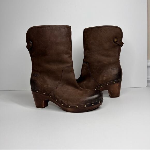 UGG Lynnea brown leather fold over sheepskin lined studded heeled clog boots 7 - Picture 2 of 12